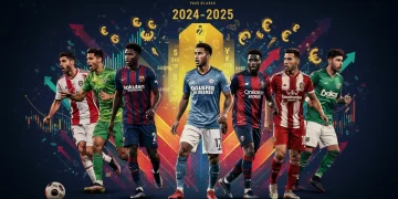 Dynamic graphic of soccer players and transfer market elements for 2024-2025 transfer window analysis.
