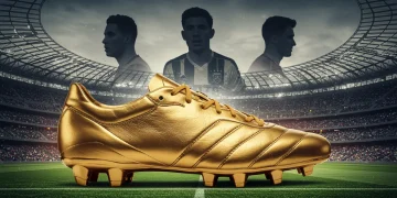 Dynamic golden boot trophy with three emerging player silhouettes, symbolizing the 2025 European Golden Boot race and its unexpected contenders.