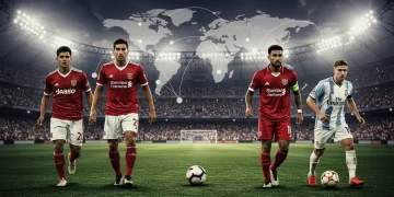 Three key football player silhouettes in new club kits against a bright stadium backdrop, symbolizing major European transfers impacting global fan engagement.
