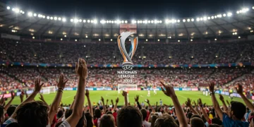 Official logo of the 2025 UEFA Nations League with a stadium crowd background.