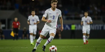 Dynamic American midfielder in action, dribbling soccer ball on field