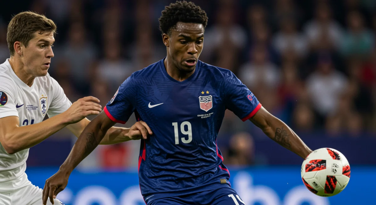 American midfielder dribbling in a European football match