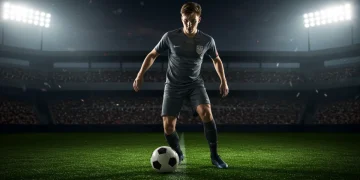 Aspiring young US soccer player dribbling on a field