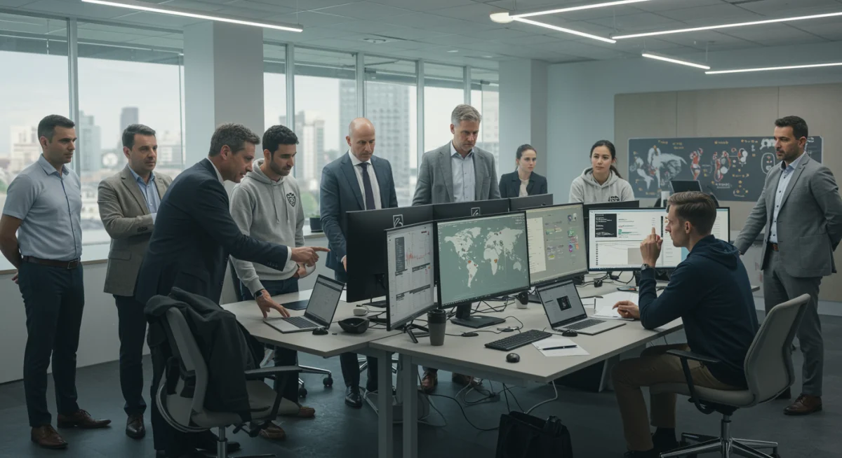 Executives and data scientists analyzing financial projections for football club growth.