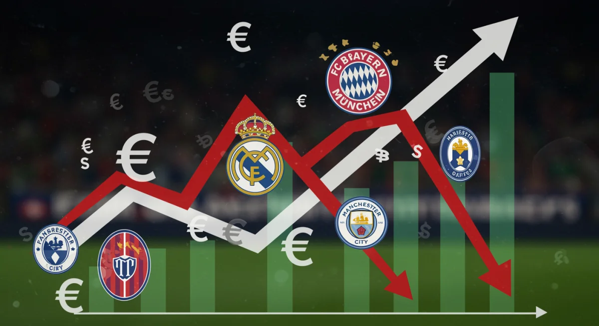 Financial graph showing fluctuating club revenues with European currency symbols, representing the economic impact of Champions League success.