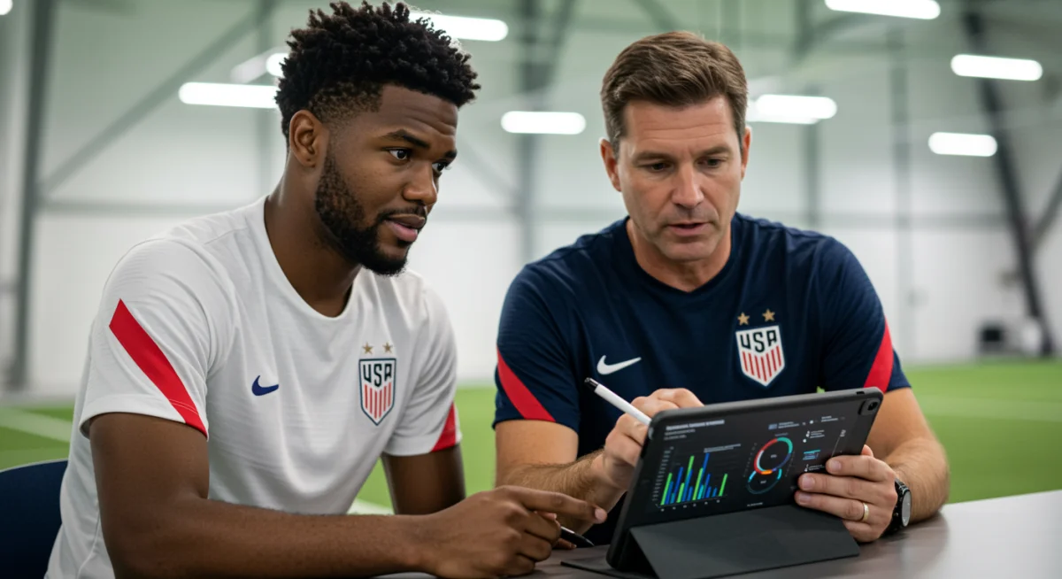 Soccer coach and player analyzing performance data on a tablet