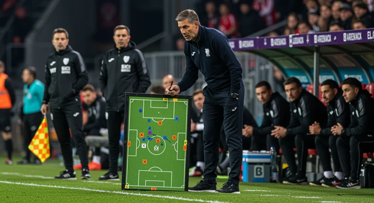 Soccer coach making crucial tactical adjustments during a high-stakes playoff game.