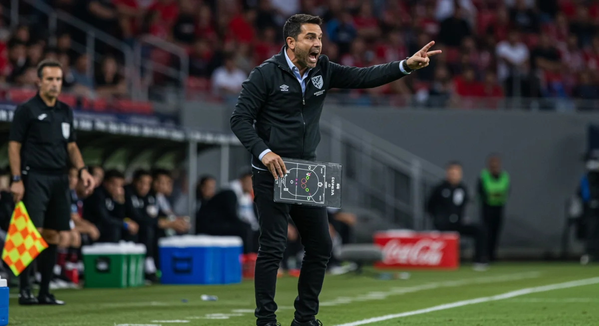 Coach giving tactical instructions on the sideline during a crucial semifinal.
