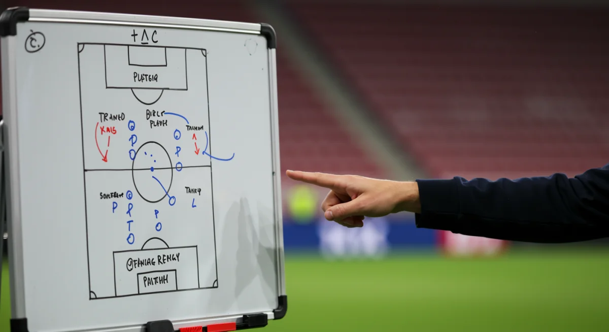 Soccer coach making strategic tactical adjustments on a whiteboard during a match.