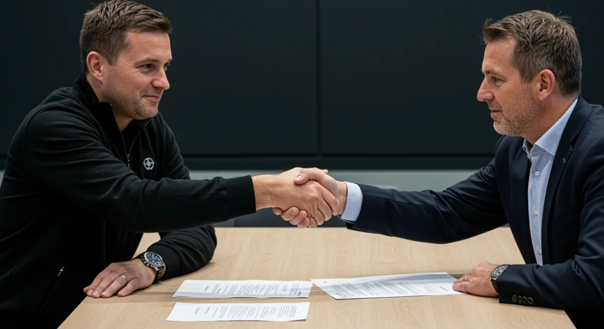 Player, agent, and club official shaking hands over a contract, representing negotiation dynamics.