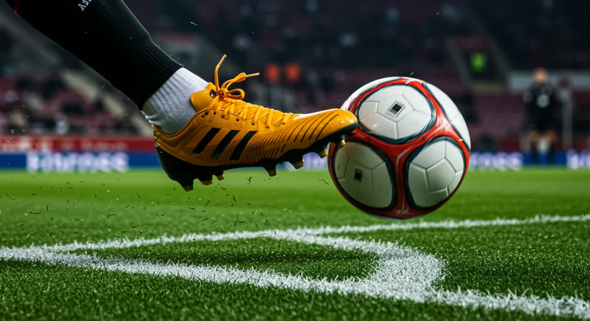 Soccer player's foot striking a corner kick with precision.