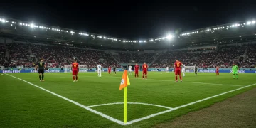 Soccer players executing a creative corner kick routine during an international friendly.