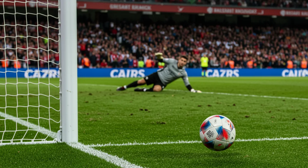Soccer ball curving perfectly into the top corner of the net