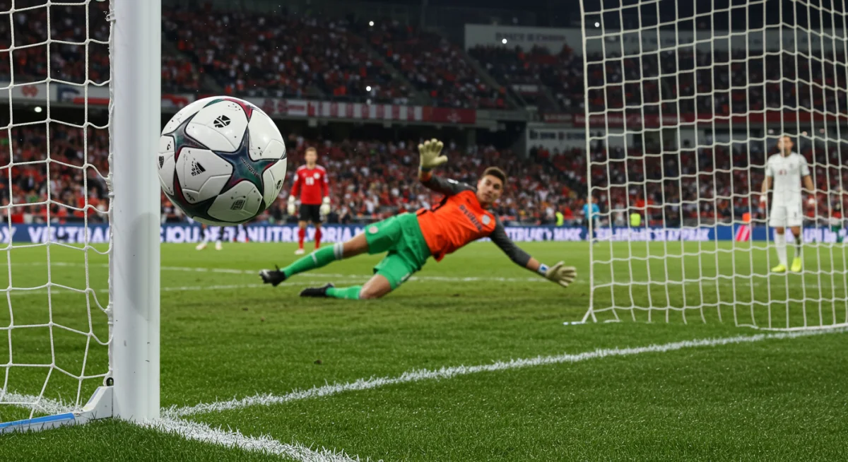 Soccer ball curving into top corner unexpected goal