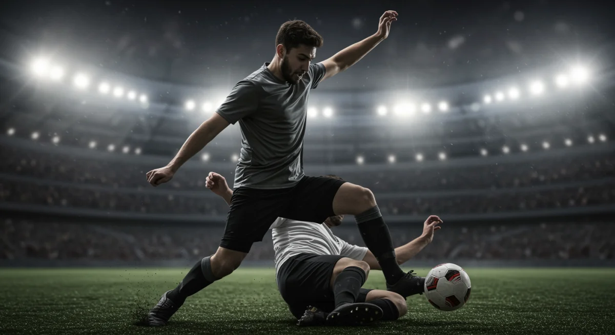 Dynamic defender making a crucial tackle in a professional soccer match