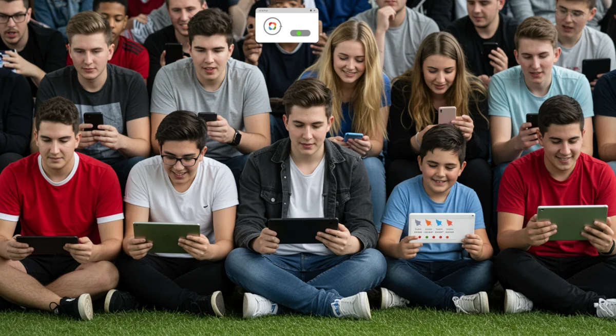 Young football fans engaging with club apps and social media on digital devices