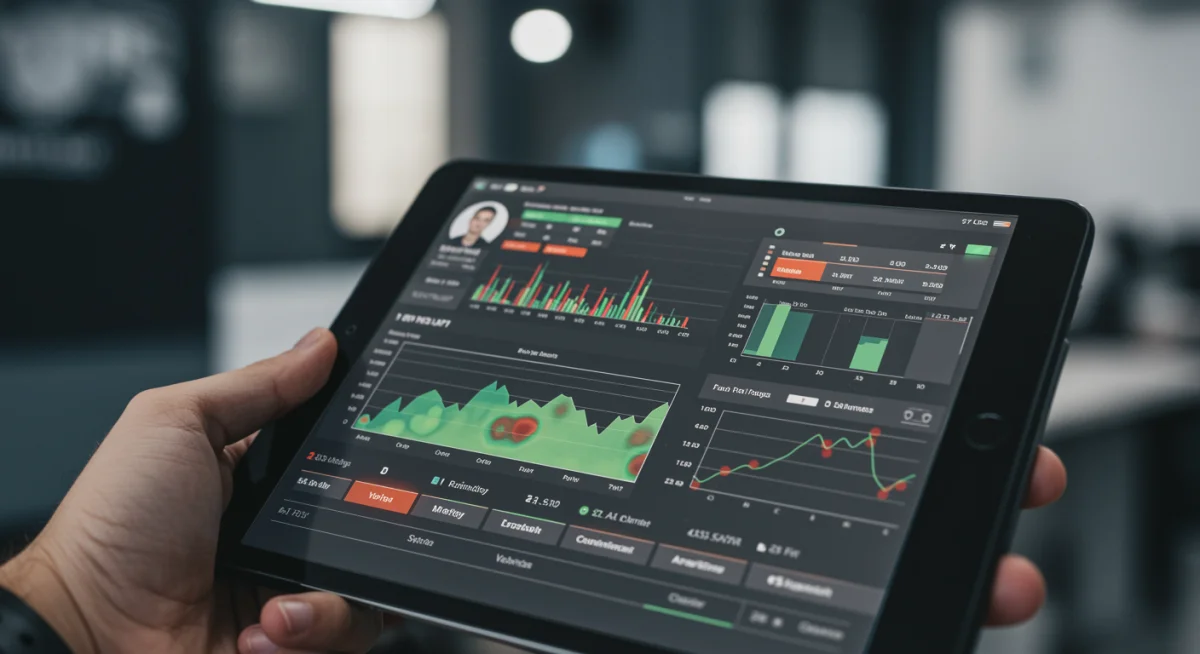 Digital scouting report on a tablet showing player statistics and recruitment data
