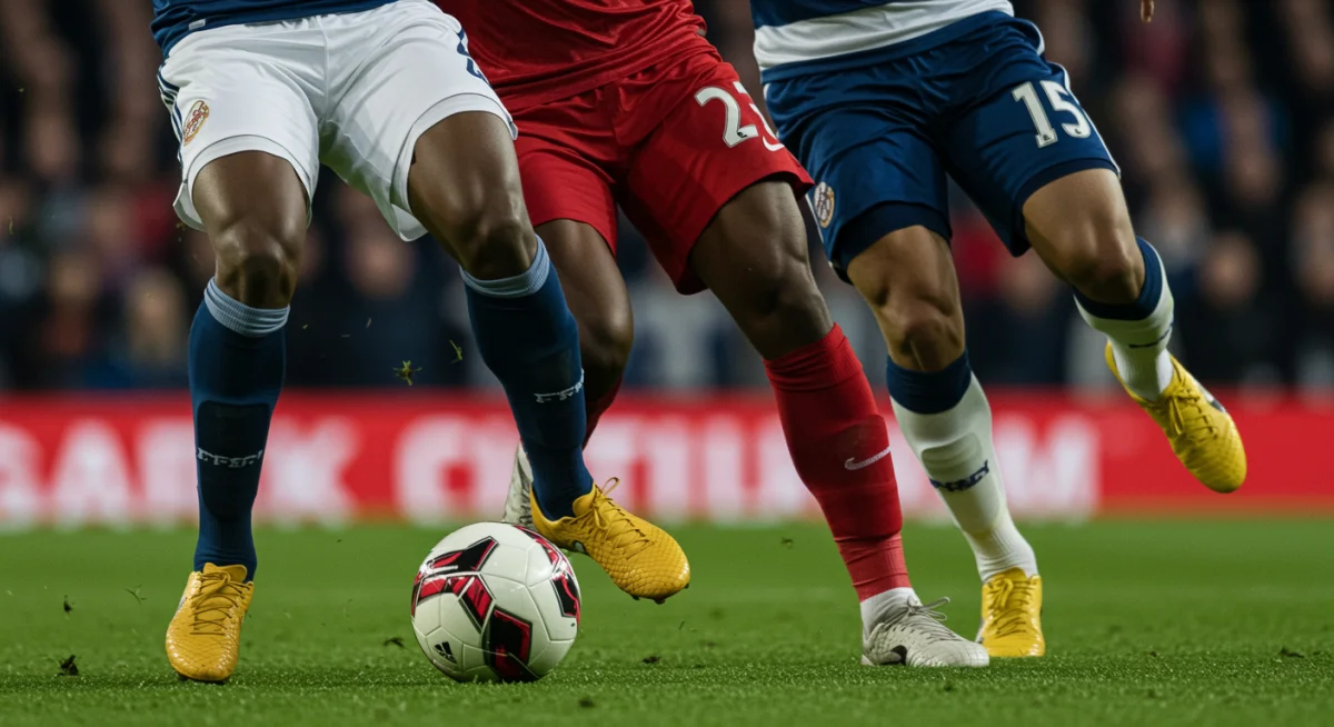 Soccer player demonstrating exceptional dribbling skills and close control with the ball on the pitch.