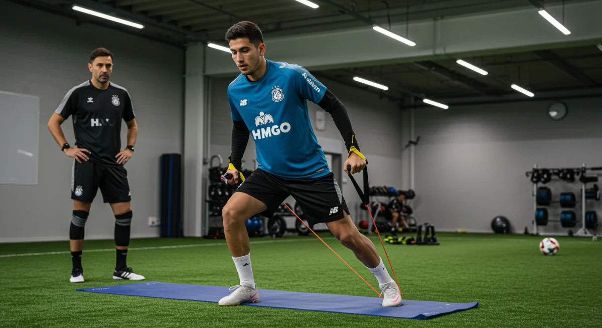 Soccer player performing dynamic stretches with resistance bands for injury prevention.