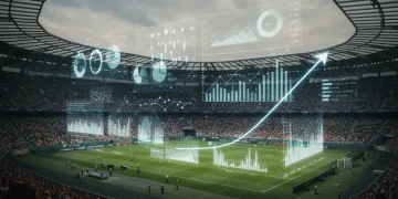 Financial data analysis overlaying a European football stadium, symbolizing revenue growth strategies.
