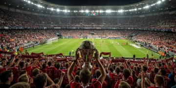 Packed stadium with a mid-table European football team celebrating a surprising win