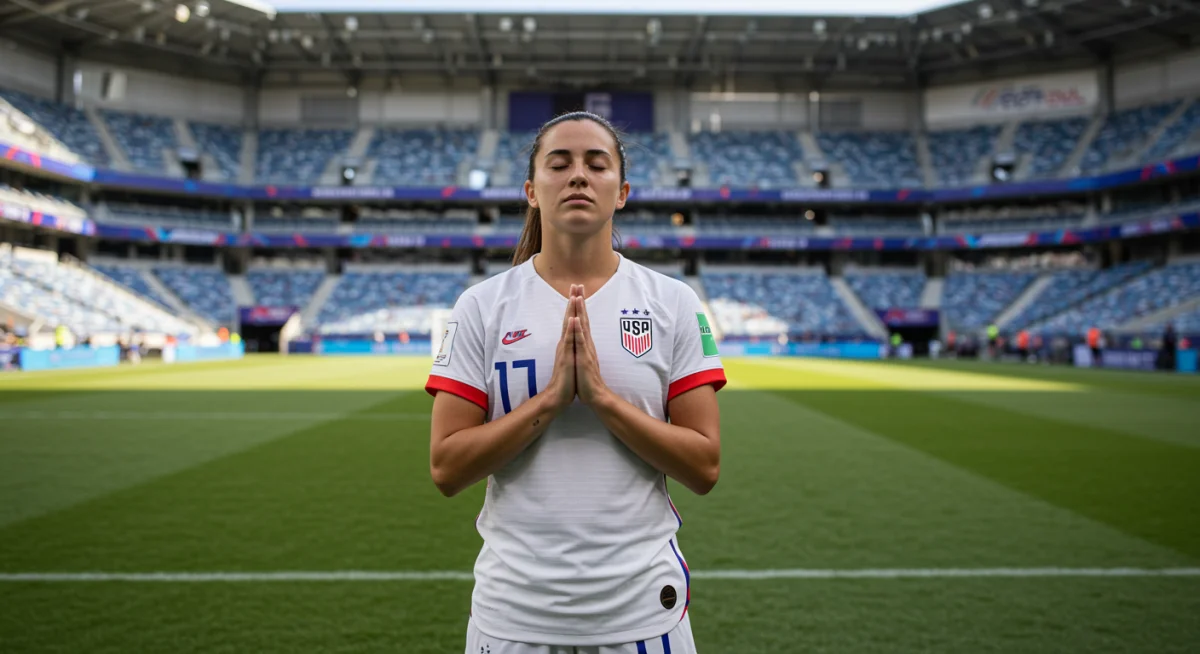 Female US soccer player engaging in mental preparation