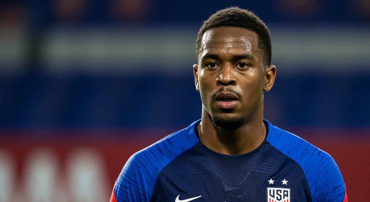 Focused US soccer player training with intensity