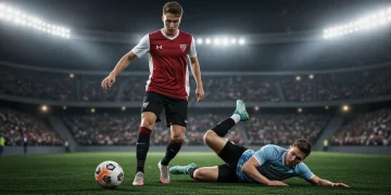 Football player skillfully dribbling past a bewildered defender on a brightly lit pitch.