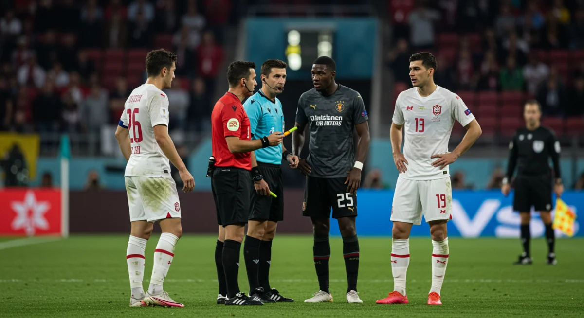 Football players and referee discussing a VAR decision