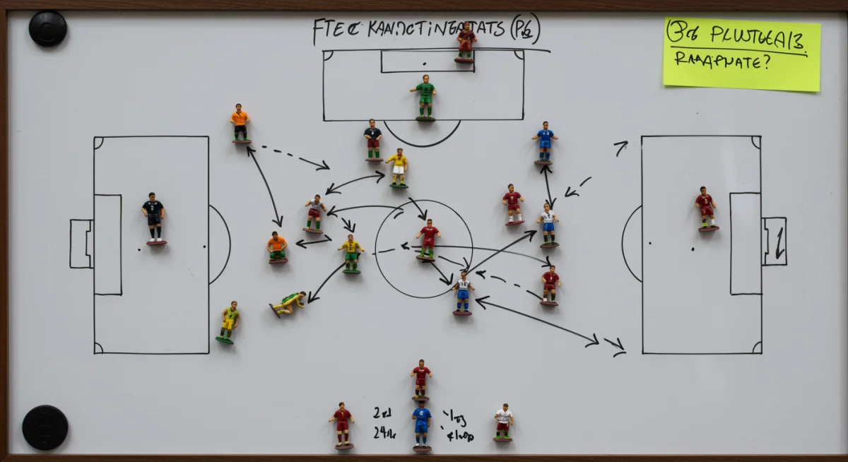 Tactical whiteboard showing football strategy for an international match.
