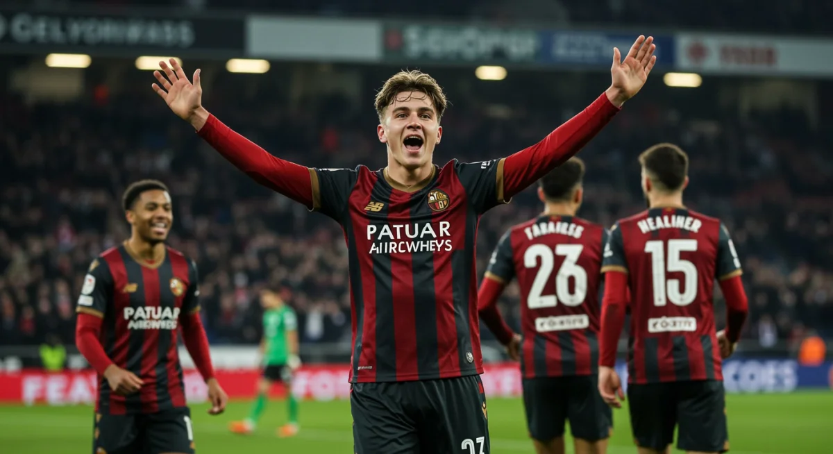Young male forward celebrating goal with teammates on soccer pitch
