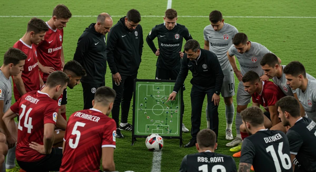 Soccer coach explaining a complex free-kick strategy to his team.