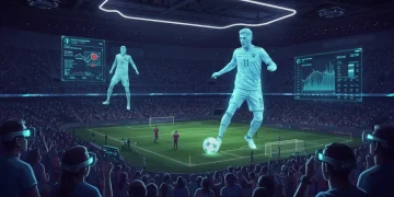 Futuristic football stadium with digital projections and AR-enhanced fan experience