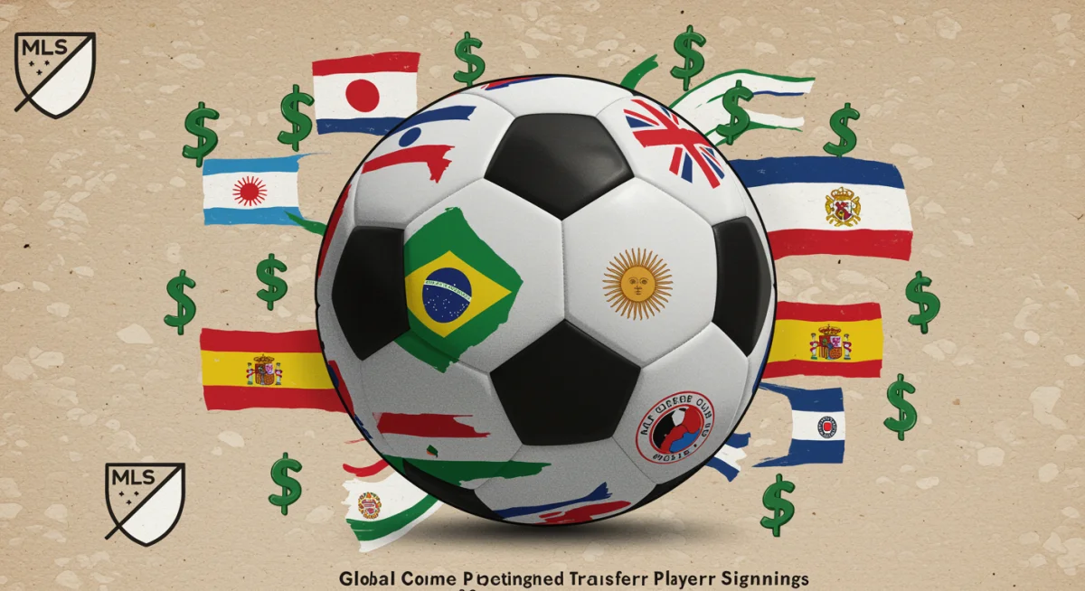 Global soccer ball with flags and dollar signs, symbolizing international designated player transfers and their financial impact.