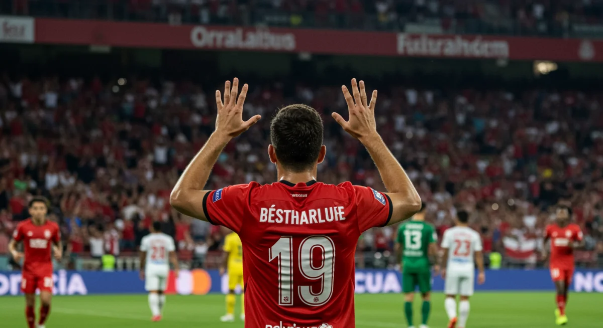 Player celebrating a crucial goal in an international soccer friendly.
