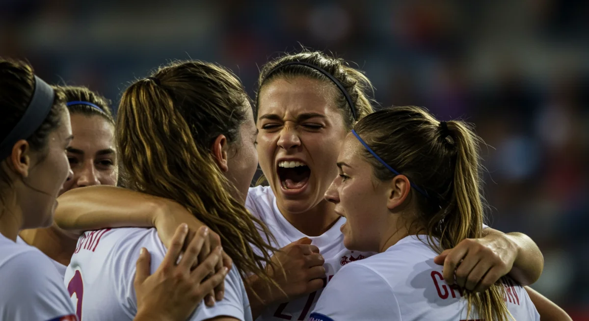 Female soccer player celebrating a crucial goal with her team.