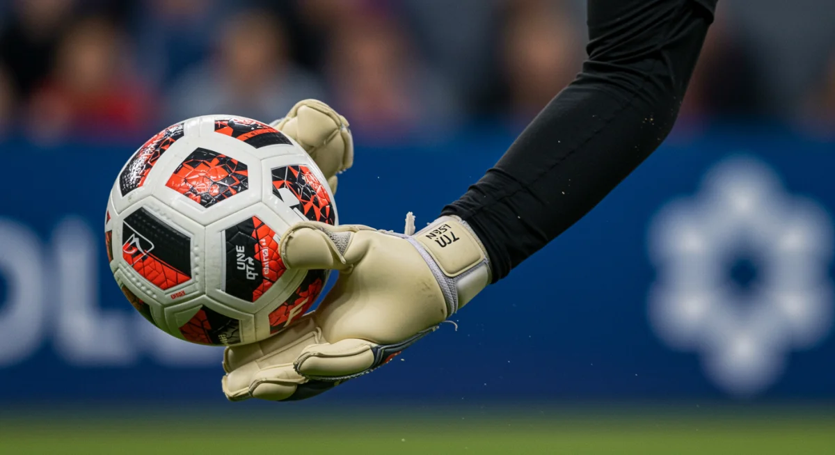 Goalkeeper's gloves making a critical save during an NWSL match.