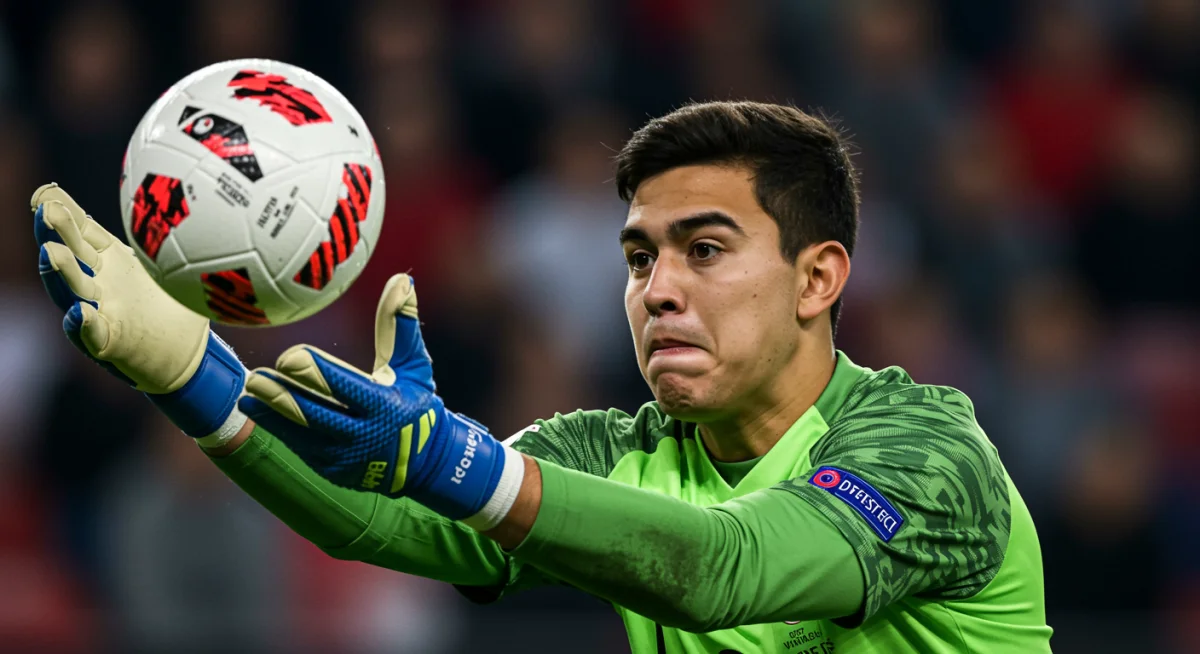 Goalkeeper making a critical save during a penalty shootout.