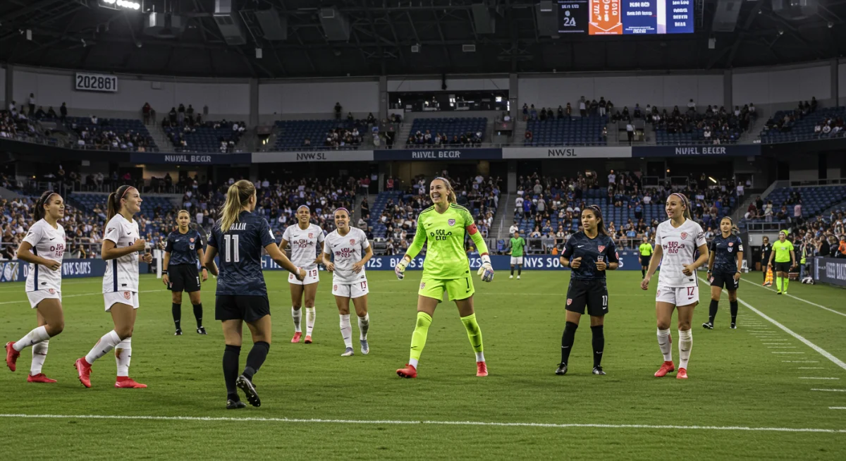 NWSL goalkeeper celebrating a game-saving stop with her team.