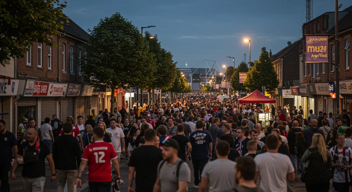 Vibrant street scene near an expanded stadium on match day with local businesses