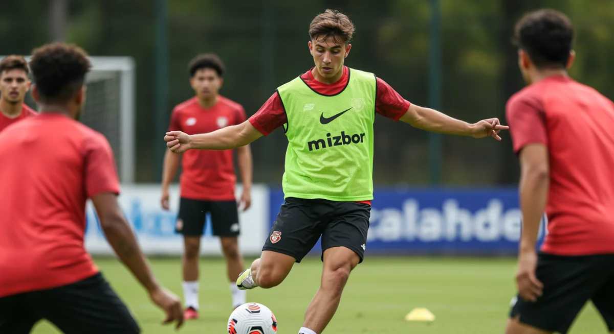 Young male midfielder executing precise pass during academy training