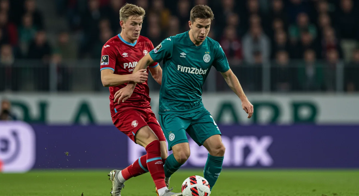 Midfielder dribbling past defender in a fast-paced football match.