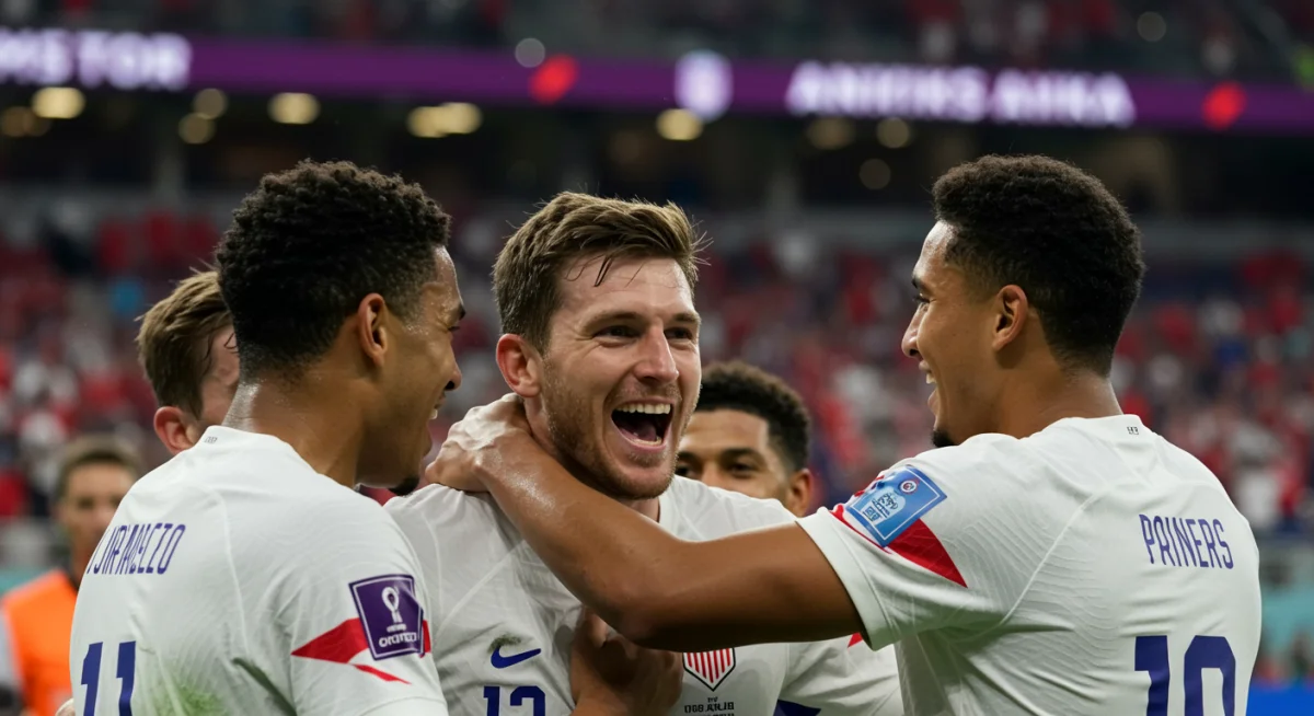 American midfielder celebrating goal with teammates