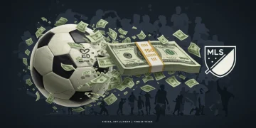 Illustration of $150 million transforming into a soccer ball with MLS logo