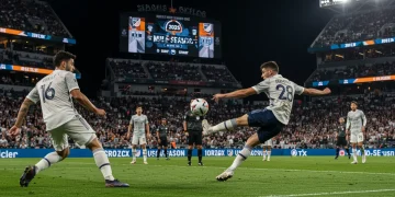 Dynamic soccer player scoring game-winning goal in 2025 MLS stadium