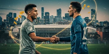 Dynamic illustration of two marquee soccer players, representing a $75 million transfer impact on MLS in 2025, with a stadium backdrop.