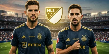 The $100 Million Question: MLS's Top European Forwards Targets for 2025 Two European soccer forwards, high-value transfer targets, on an MLS field under a golden light, representing 2025 transfer speculation.