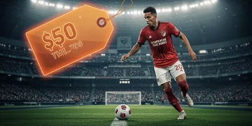 Dynamic midfielder in action on a soccer field, with a glowing $50 million tag, representing a potential MLS record transfer in 2025.