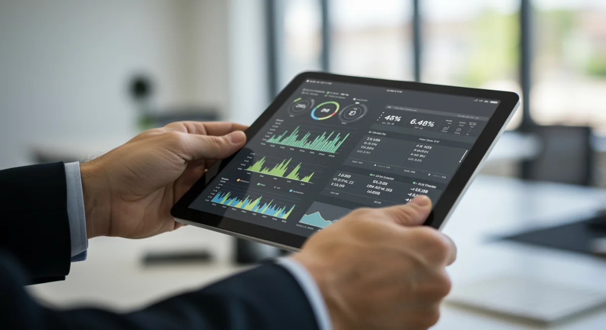 Hand holding tablet with MLS player data analysis dashboard, strategic recruitment