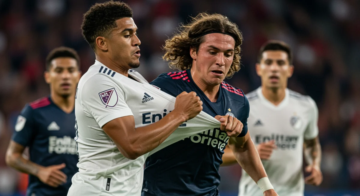 Intense confrontation between rival MLS players during a derby match